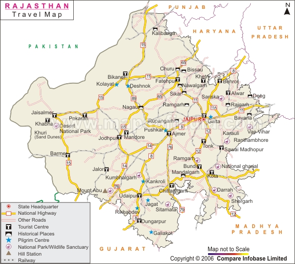 The map of Rajasthan clearly marks the various important places of Rajasthan 