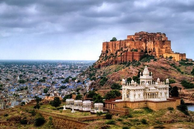 Mehrangarh fort towers over Jodhpur's blue city in Rajasthan