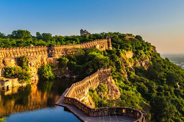 Panoramic view of Chittorgarh Fort walls and water reservoir in Rajasthan
